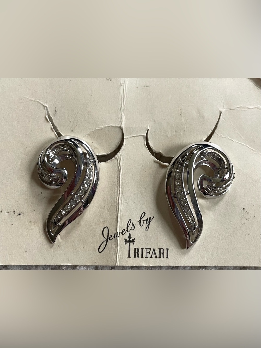 Vintage Trifari Silver Swirl Clip-On Earrings with Clear Rhinestones